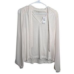 Loft Blouse Women's XS Blush Tie Long Sleeve V-Neck Career Solid Sheer Top NWT